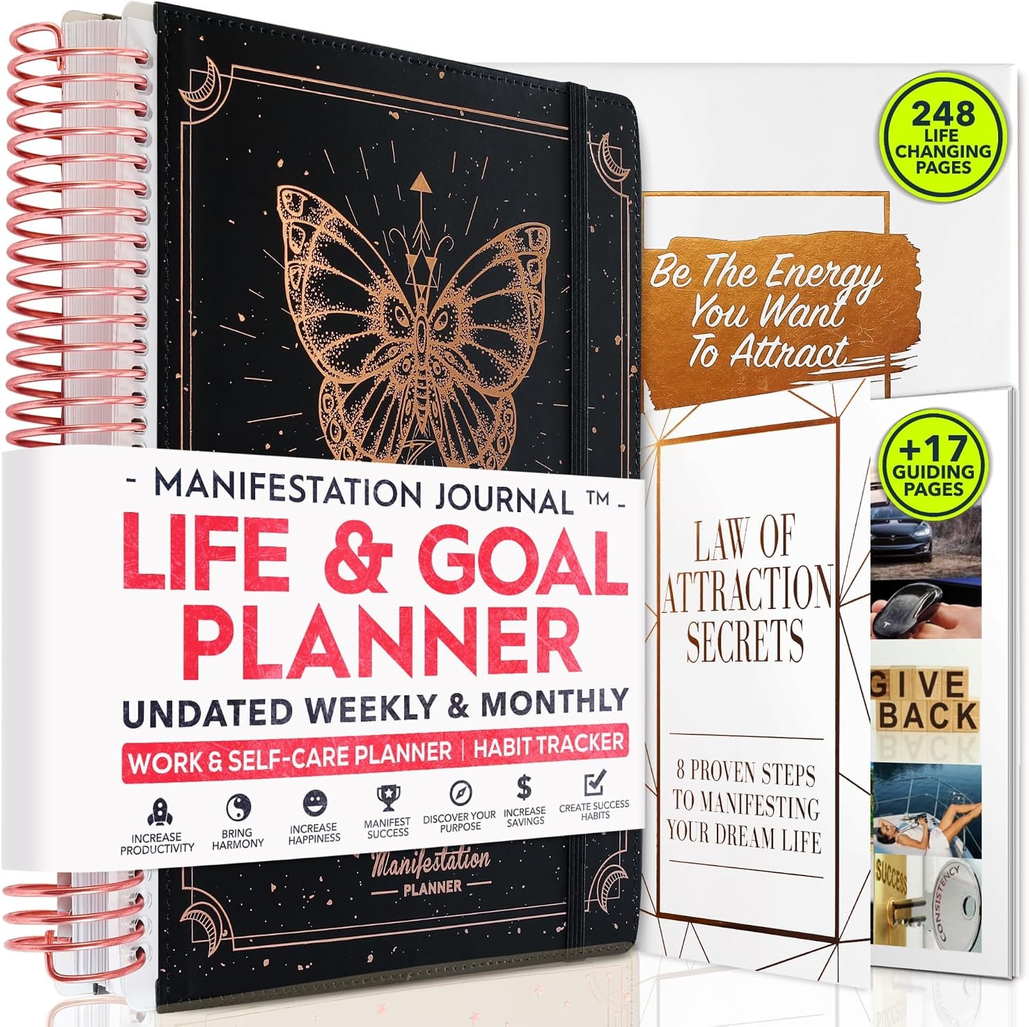 Manifestation Journal – Hourly, Weekly & Monthly Planner | 12-Month to Increase Productivity, Life Organizer & Goal Planner | Spiral Journal, Habit Tracker, Foldable Vision Board, Gift Box & Stickers