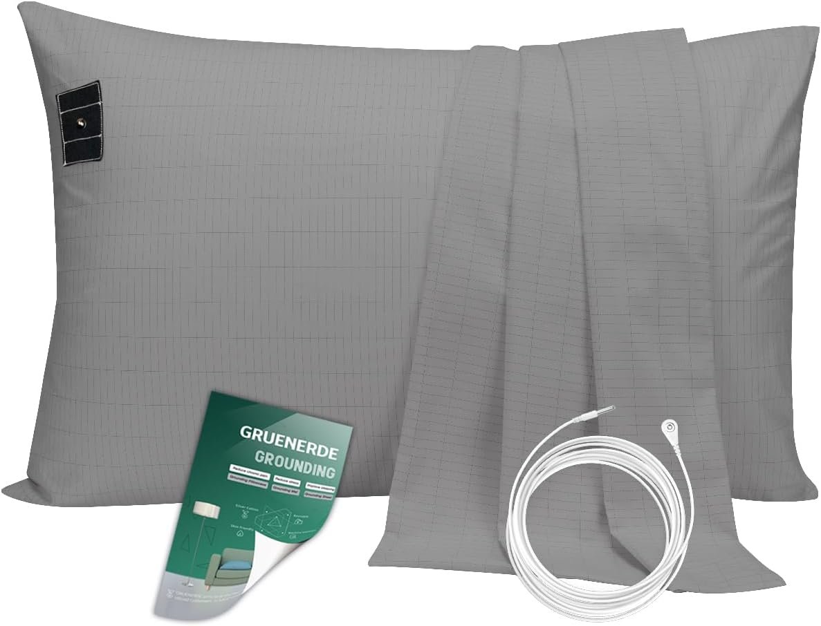 Conductive Grounding Pillowcase Queen with 15ft Cord Gray 20x30in | 10% Silver Fiber Organic Cotton Soft Safe Improve Sleep Reduce Back Neck Pain for Bed Adult Side Sleepers