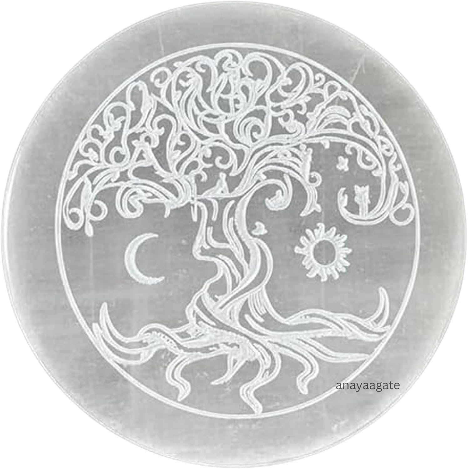 Selenite Crystal Charging Plate – Engraved Tree of Life Healing Stones Coaster – 3″ Round Disc for Home and Office Table Decor – Crystals and Healing Stones