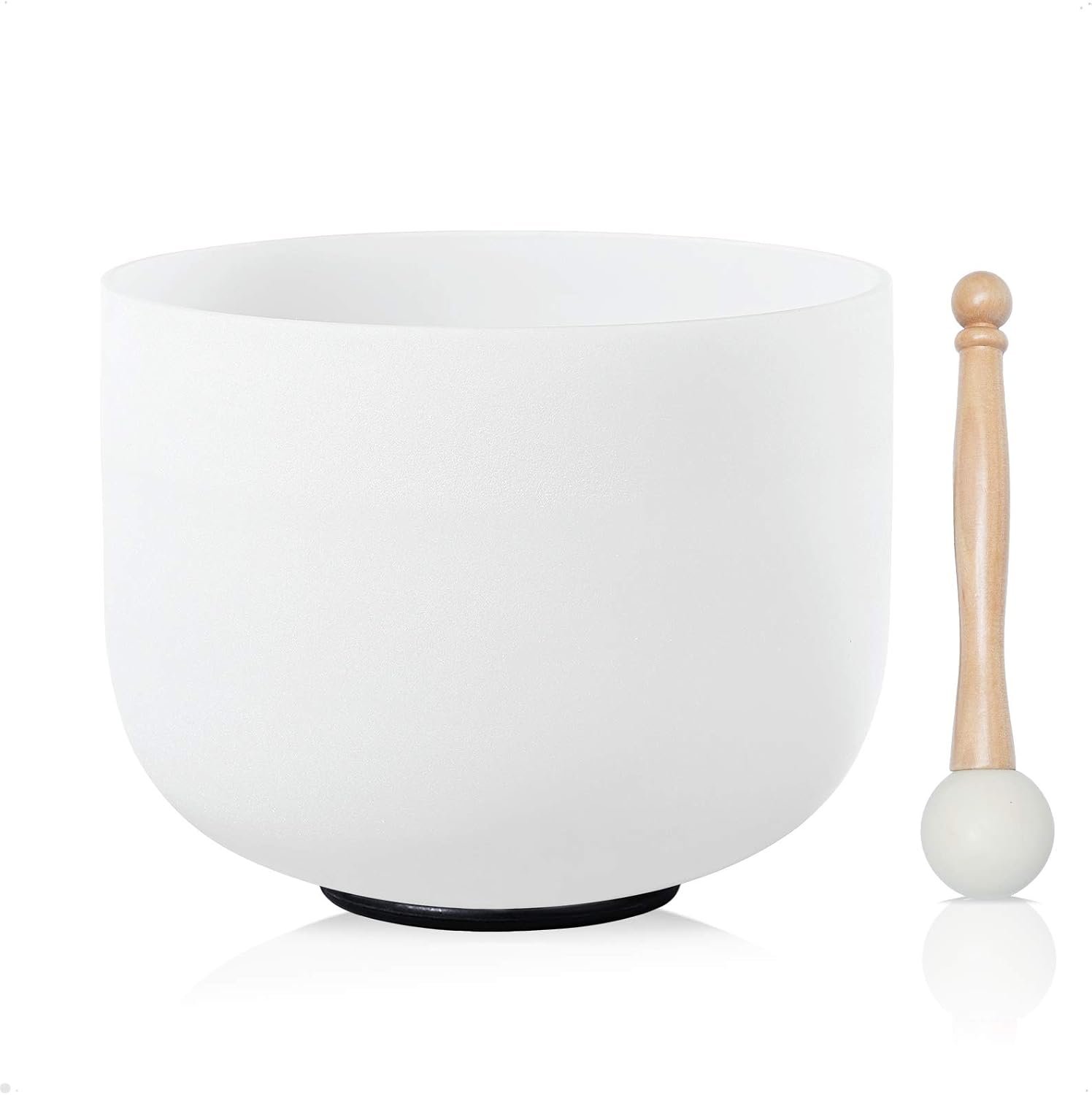 CVNC 440HZ 8 Inch B Note Crown Chakra Frosted Quartz Crystal Singing Bowl with Mallet & O-ring Sound Healing Music Instrument