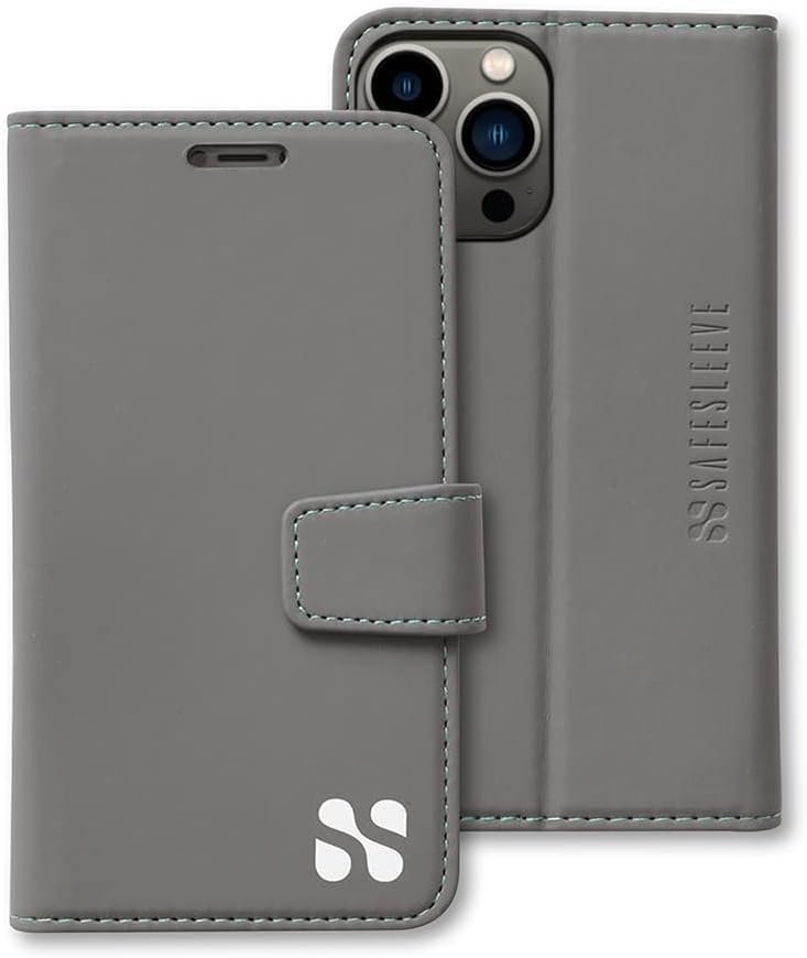 SafeSleeve EMF Blocker Leather Wallet Case for iPhone 13 Pro, 13, Grey | EMF Blocker, Card Data Protection, 3 Card Slots, Adjustable Stand – Magnetic Closure, Leather Folio Protection for Daily Use