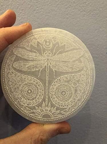 3″ Etched Dragonfly Hand Made Moroccan Selenite Charging Plate, Spirit Animal, Charge Your Crystals In Style
