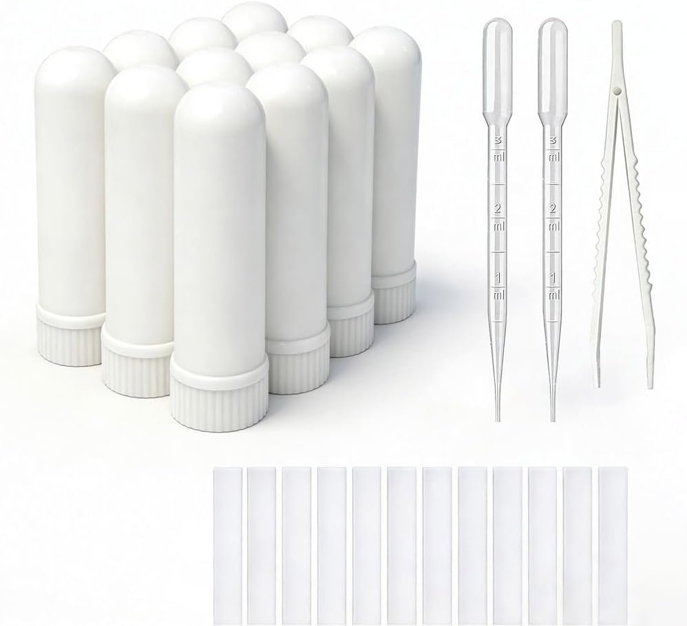 12 Sets Essential Oil Aromatherapy Tubes Inhaler Sticks Blank Nasal Inhalers(12 Complete Sticks) + 2 Polyethylene Pipette Droppers+1Plastic Tweezers