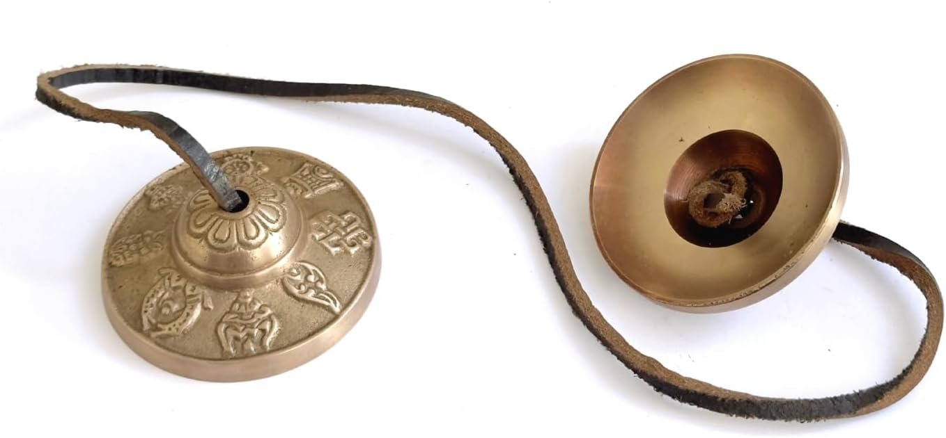 Tibetan Tingsha Bells Cymbals Meditation Chime Bells, 6.3 cm Percussion Instrument, with Cloth Bag, Embossed 8 Lucky Symbols, Ideal for Yoga, Mindfulness, Spiritual Healing, and Sound Therapy