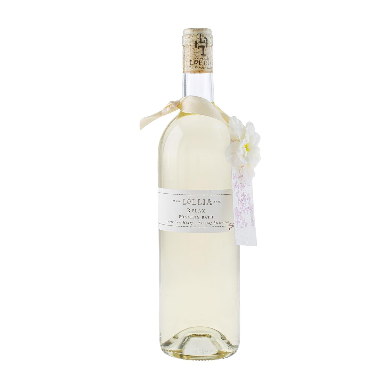 LOLLIA Relax Lavender Bubble Bath, 25 fl oz / 739.2 ml, Lavender Honey Scent, Luxury Hydrating & Soothing Bubble Skin Care for Women, Floral Home Spa Cleanser, Glass Bottle