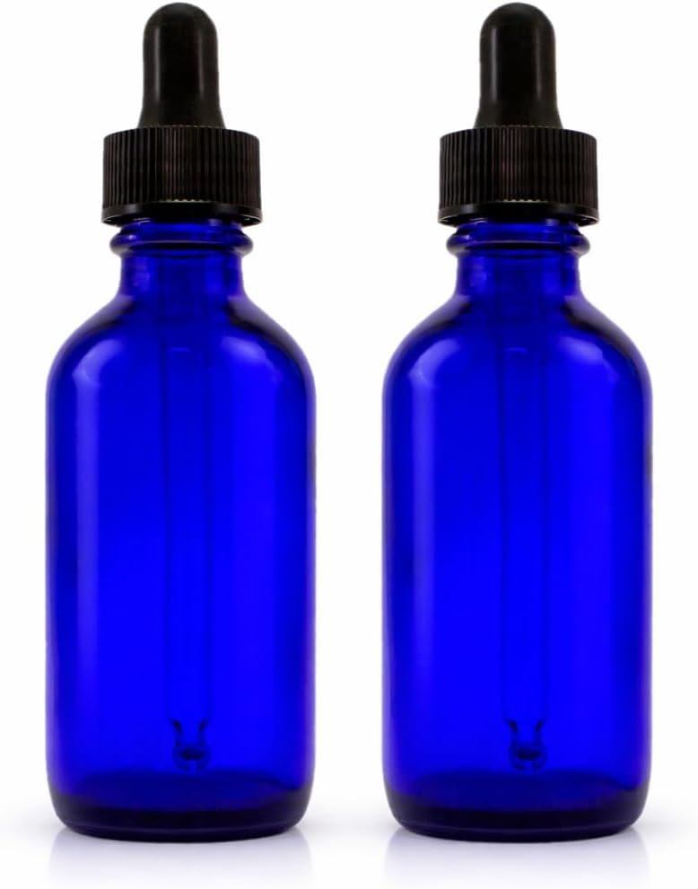 GreenHealth 2oz Cobalt Blue Glass Dropper Bottles – Pack of 2 – Refillable, UV Protection, BPA-Free, Travel Size – Ideal for Essential Oils, Serums, Tinctures, DIY Aromatherapy