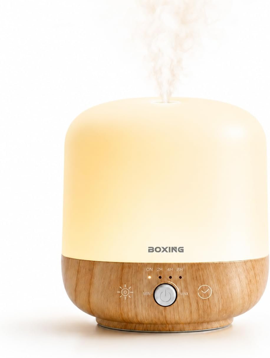 Essential Oil Diffuser 300ML for Bedroom & Large Room, Up to 24 Hours Runtime, Aromatherapy Diffuser with Auto Shut-Off, 28dB Whisper Quiet, 7 Color Night Light, Wood Grain Diffuser by BOXING