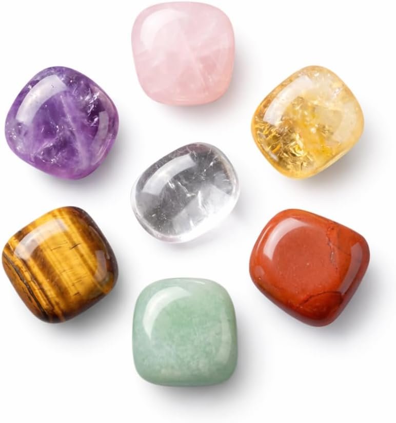 7 Chakra Crystal Stones Set – Healing Tumbled Gemstones for Meditation, Reiki & Chakra Balancing – Amethyst, Rose Quartz, Citrine, Clear Quartz, Tiger Eye, Green Aventurine & Red Jasper