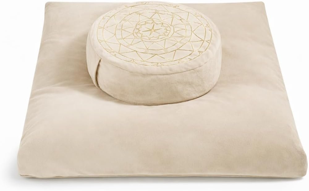 ellier Zafu & Zabuton Meditation Cushion Set – Buckwheat Hull & Memory Foam Pillows, Ergonomic Support for Yoga, Mindfulness – Organic Velvet Cover, Large Size, Durable Comfort (Khaki)
