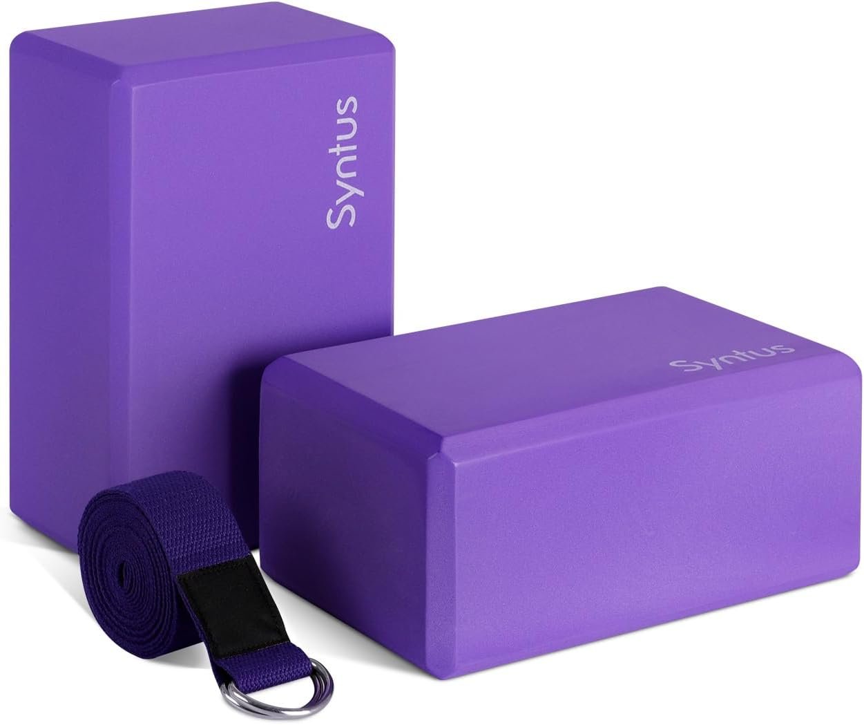 Syntus Yoga Block and Yoga Strap Set, Soft Non-Slip Yoga Blocks 9×6×4 inches, 8FT Metal D-Ring Strap for Yoga, General Fitness, Pilates, Stretching and Toning