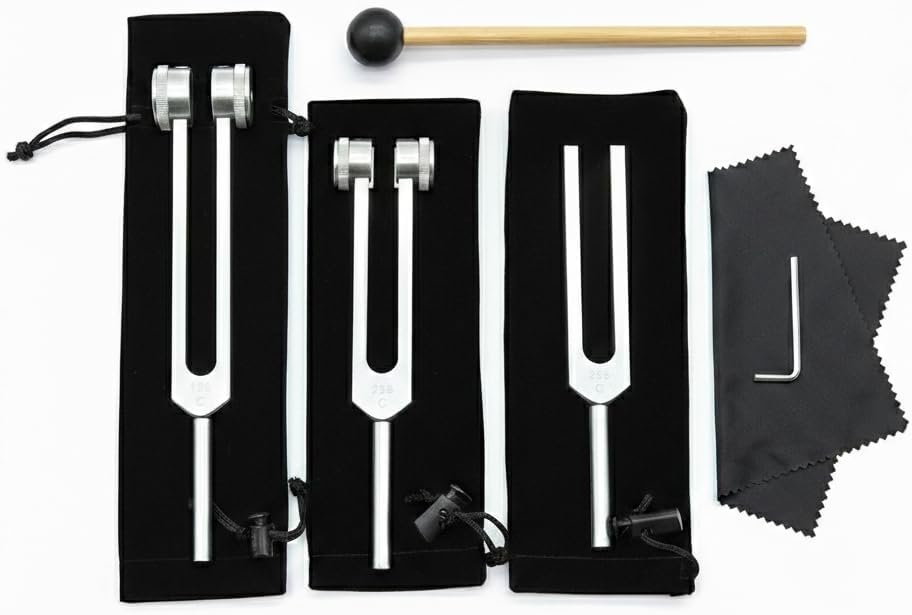 Tuning Forks for Healing Set (128Hz, 256Hz, 512Hz), Tuning Fork with Reflex Hammer for Healing/Frequency Instrument/Sound Therapy/Chakra/Yoga and Meditation Tools (Silvery), Stress Relief Gift