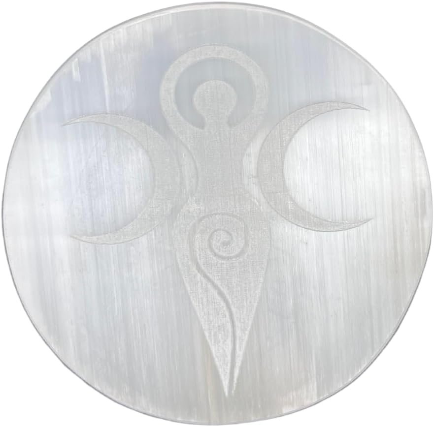 Selenite Crystal Charging Plate for Crystals and Healing Stones, 4″ Selenite Crystal Plate Engraved Goddess Moon Coaster for Home Office Table Decor