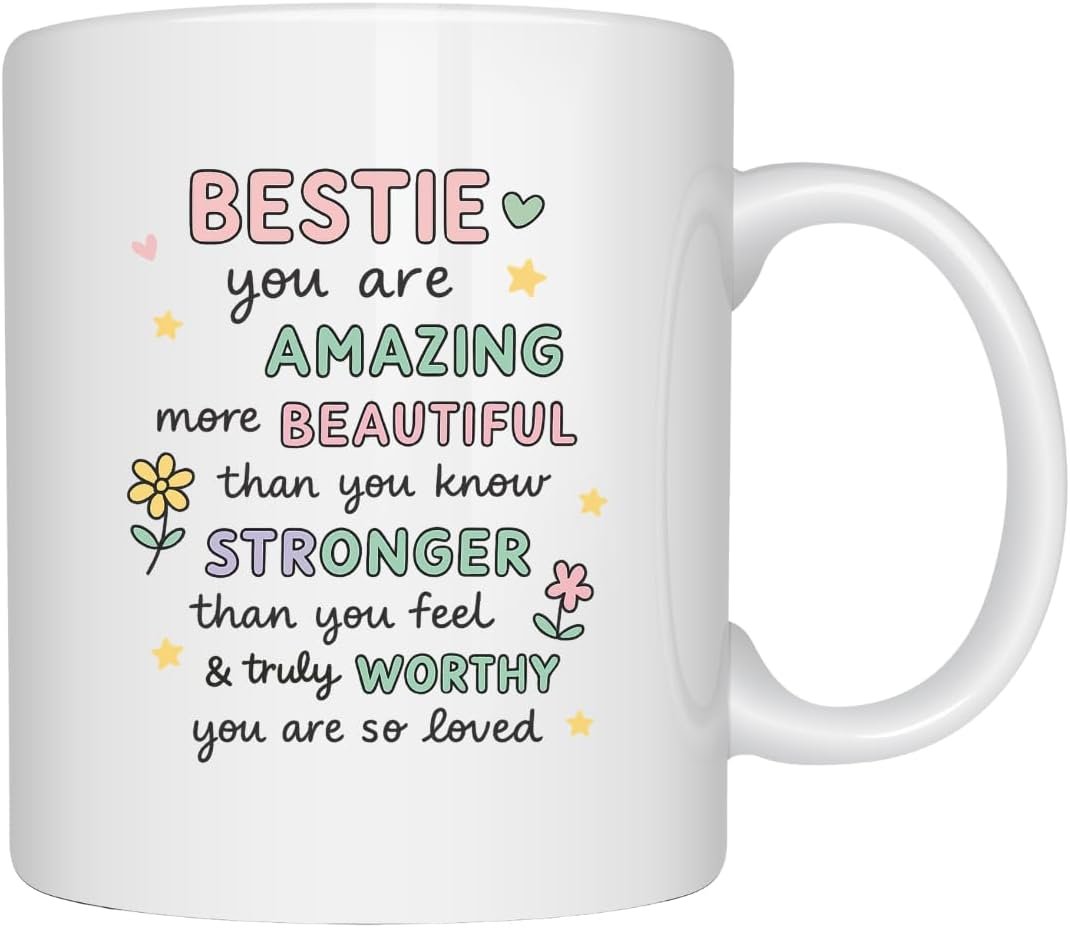 EZCLASSY-Encouragement Quote Mug Gift – Positive Affirmation Coffee Cup for Bestie, Daughter, Mom, Sister – Cute Floral Motivational Present for Birthday, Christmas, Friendship, Support (Bestie)