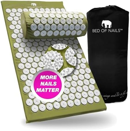 Bed of Nails Mat and Pillow Set – Original Bon Acupressure Design with 10962 Precision Nails, Mat: 28.5 x 16.5 x 1″, Pillow: 14.5 x 6 x 4″, Green