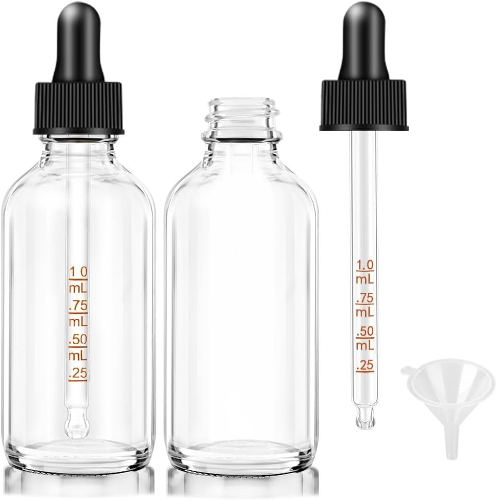 Bumobum 2 pack Dropper Bottle 2 oz, Clear Glass Eye Dropper Bottles for Essential Oils with Labels and Funnel, Leakproof Tincture Bottles with Measured dropper