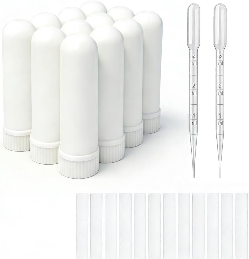 12 Sets Essential Oil Aromatherapy Tubes Inhaler Sticks Blank Nasal Inhalers(12 Complete Sticks) + 2 Polyethylene Pipette Droppers