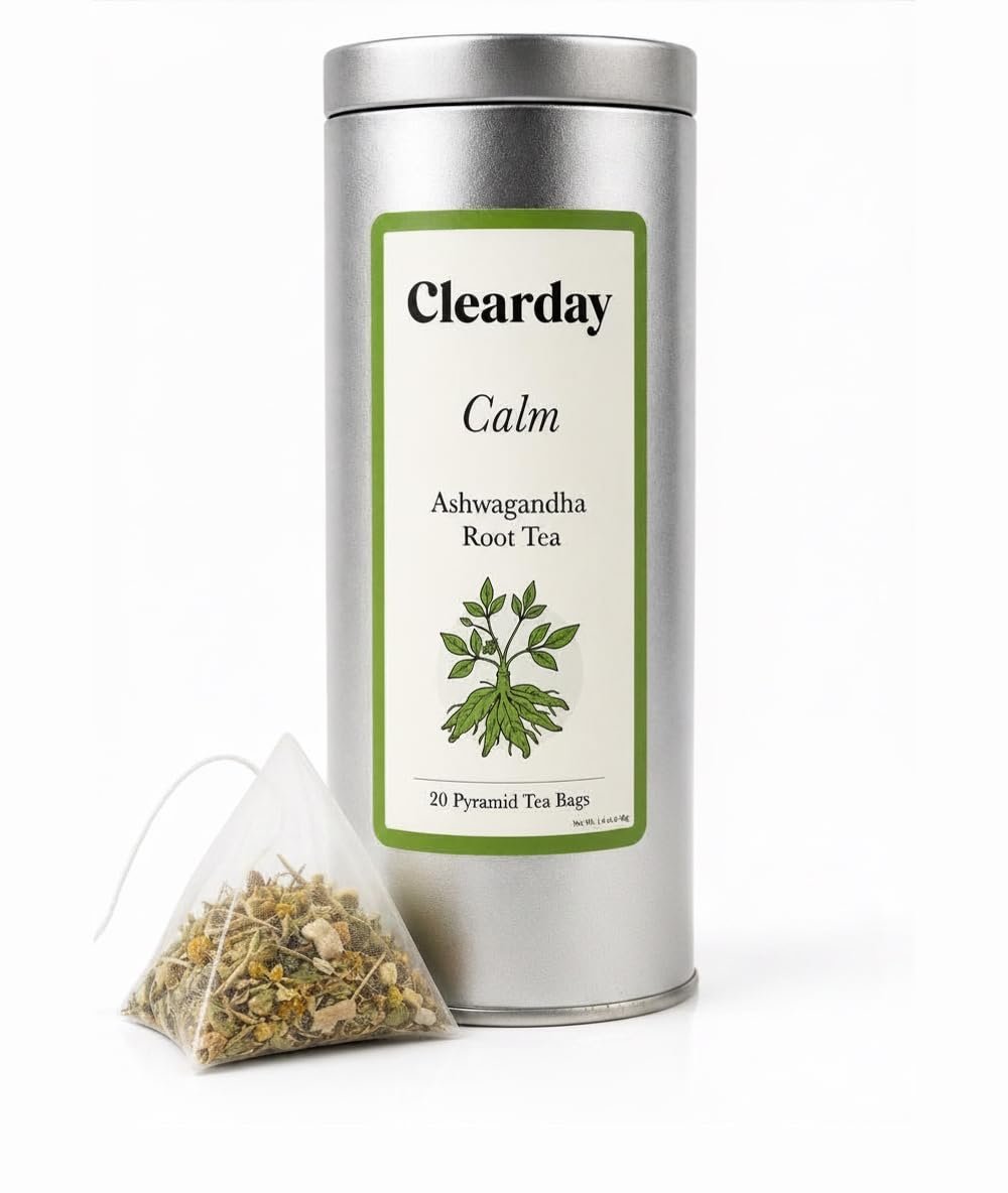 Clearday Calm Ashwagandha Tea with Chamomile, Lemon Balm & Spearmint | Herbal Stress Relief Tea for Daily Calm | 20 Pyramid Bags | Premium Tin Packaging for Extended Freshness |