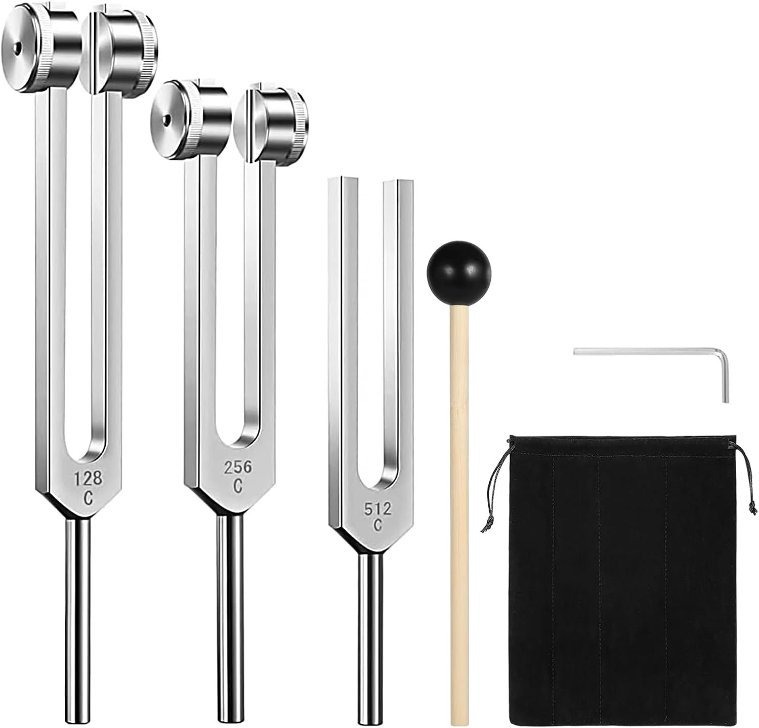 Tuning Fork Set (128Hz, 256Hz, 512Hz) of 3, Weighted & Unweighted Aluminum Forks with Reflex Hammer and Storage Bag for Chakra/Healing/Medical/Sound Therapy Instruments/Yoga/Meditation Accessories