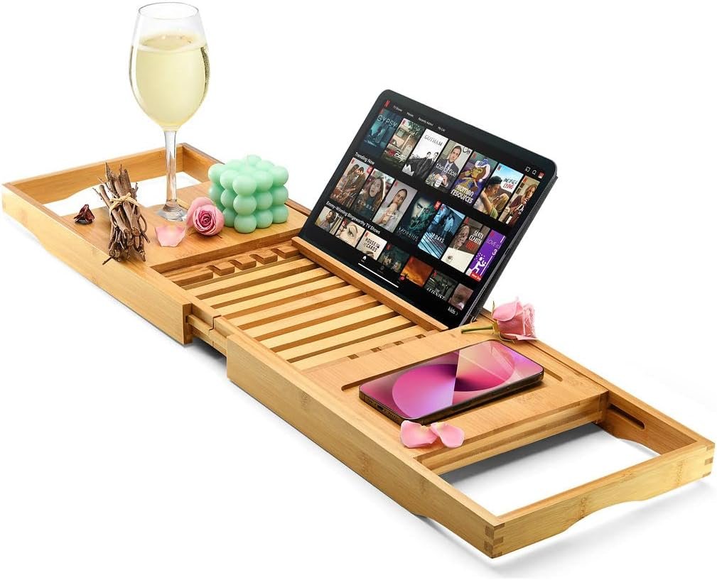 Luxury Foldable Bathtub Tray Caddy – Waterproof Wood Bath Tray for Tub, Expandable Size Fits Most Tubs, Bathroom Accessories for New Home & Mothers, Birthday Gifts for Mom