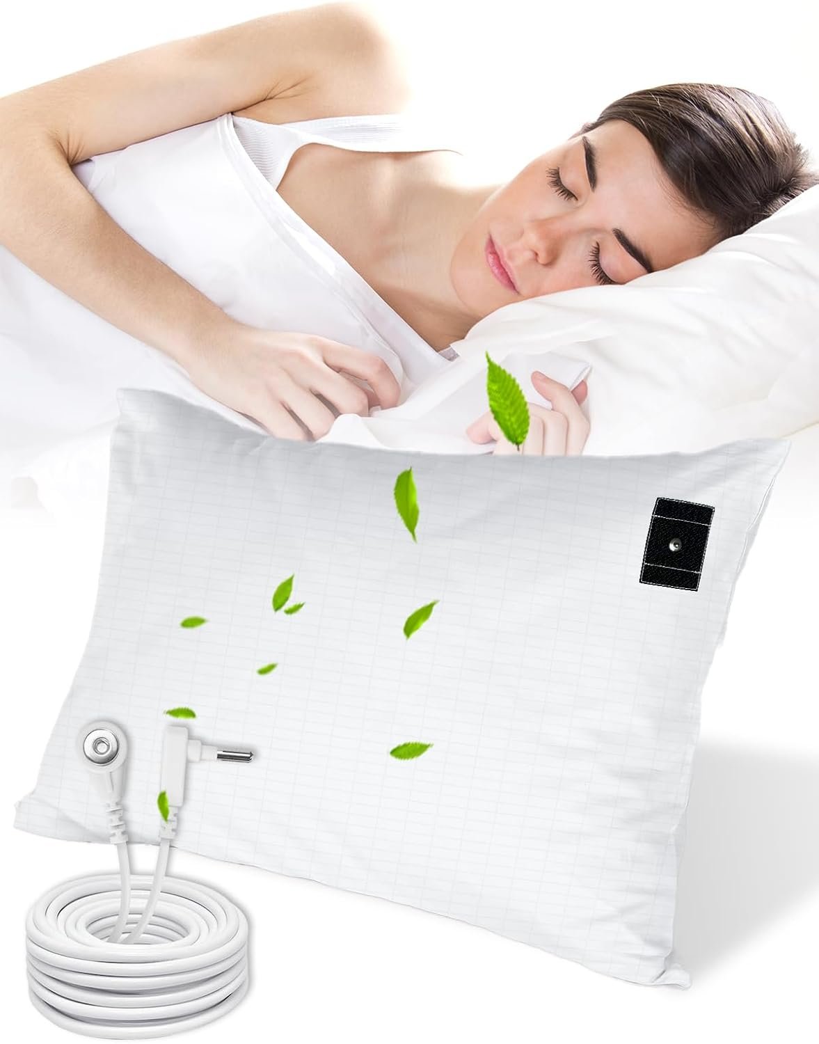 Grounding Pillowcase, 90% Organic Cotton and 10% Silver Fiber Grounding Pillow Case with 15ft Grounding Cord, White Sleep Pillow 20×30 inch for Improve Sleep Improving Energy