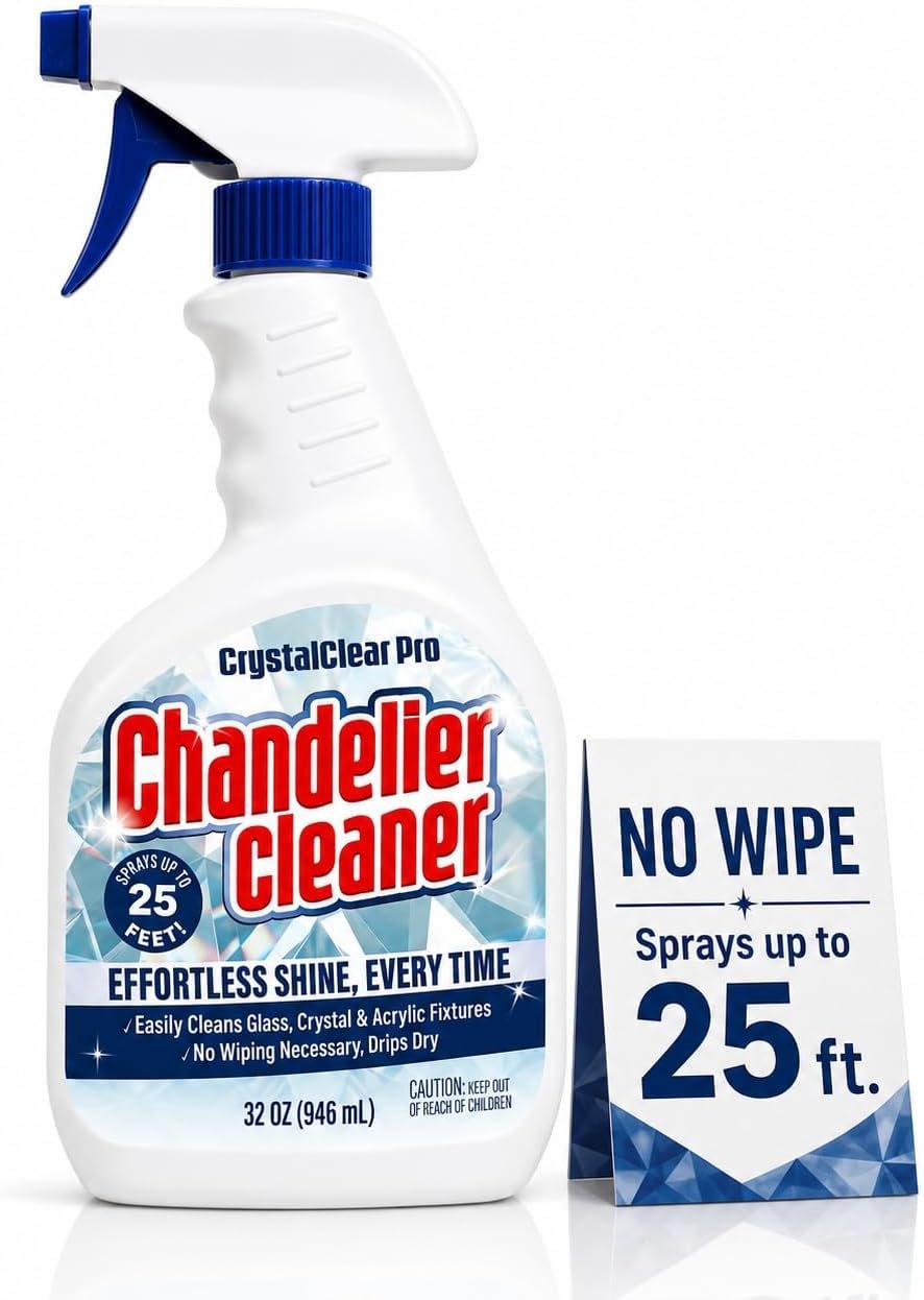 Chandelier Cleaner Spray 32 oz – No-Wipe Drip-Dry Crystal Chandelier Cleaner for Glass, Crystal & Acrylic Light Fixtures, Sprays Up to 25 Ft, Streak-Free Shine, Fast Effortless Cleaning, Made in USA