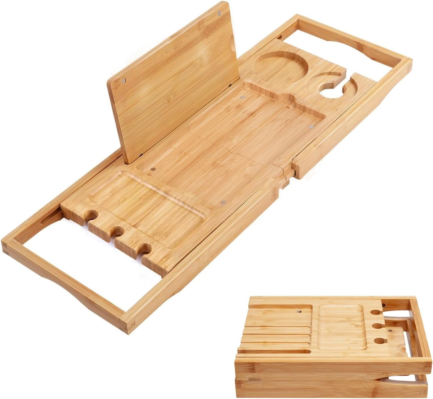 Utoplike Bamboo Bathtub Caddy Tray Bath Tray for Tub, Adjustable Bathroom Bathtub Organizer with Book Tablet Wine Glass Cup Towel Holder (24.5″-37.4″)