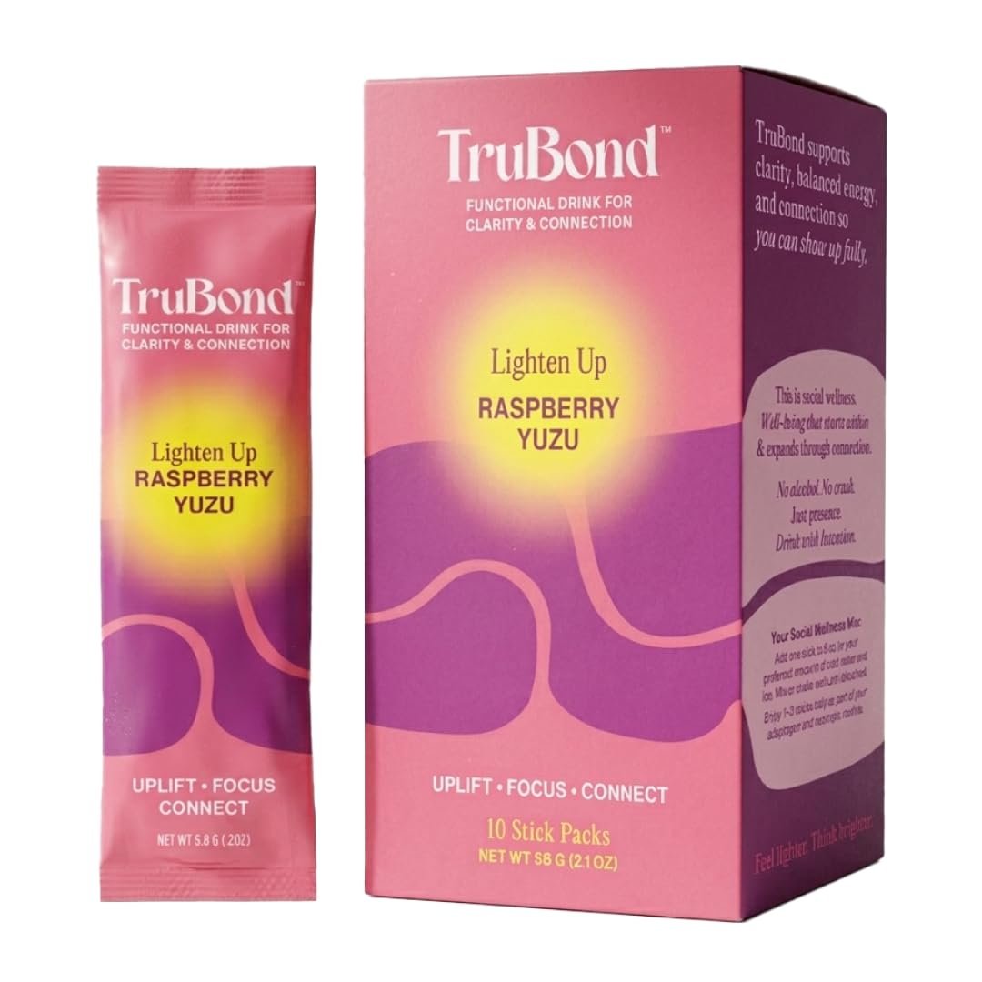 TruBond Lighten Up Social Adaptogen Drink Mix, Raspberry Yuzu, 10 Ct | A social drink crafted with adaptogens, nootropics and fruit powders. Delicious anytime, non-alcoholic, no sugar added