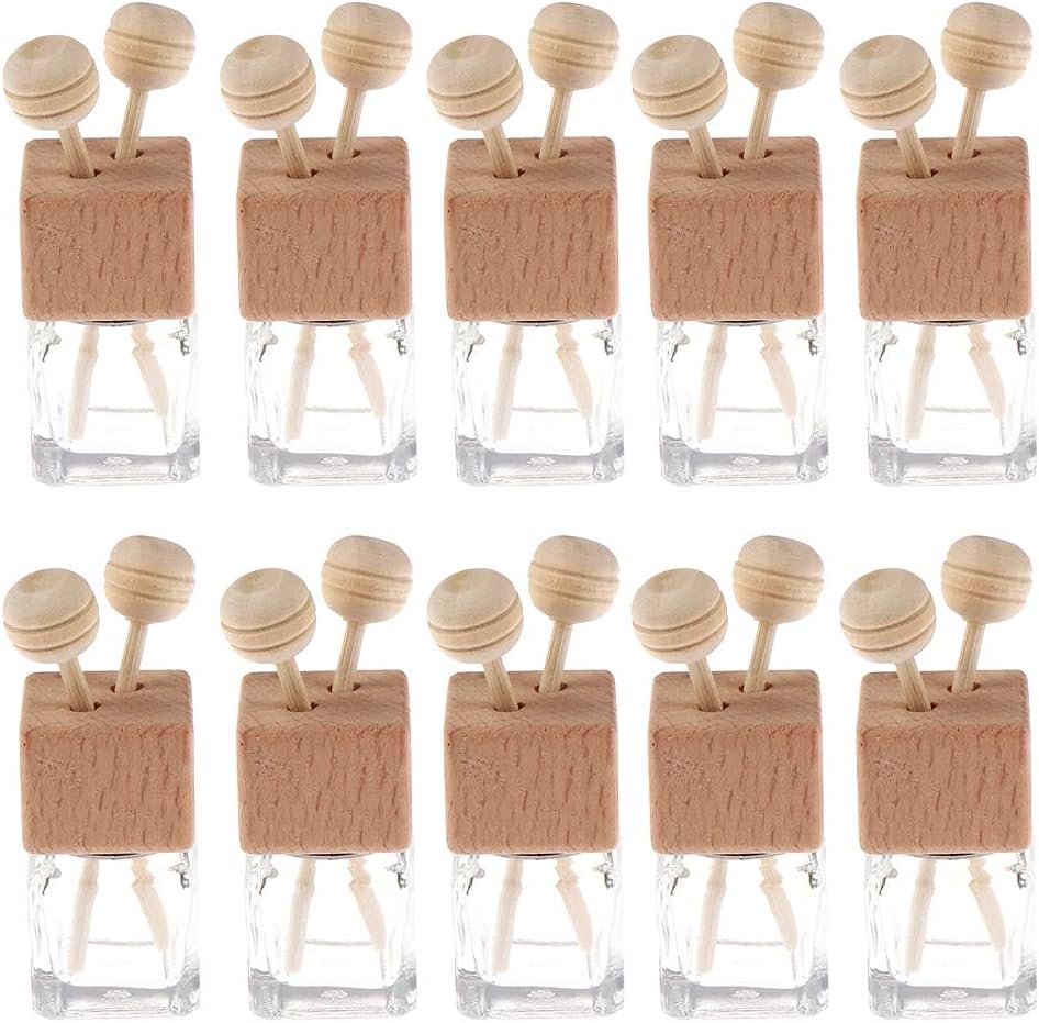 10 Pack,8ml Clear Glass Car Air Freshener Perfume Clip Diffuser,Empty Essential Oil Perfume Vials Diffuser Vent Outlet,Thick Glass Ornament With Wooden Caps,FREE Funnel,Dropper