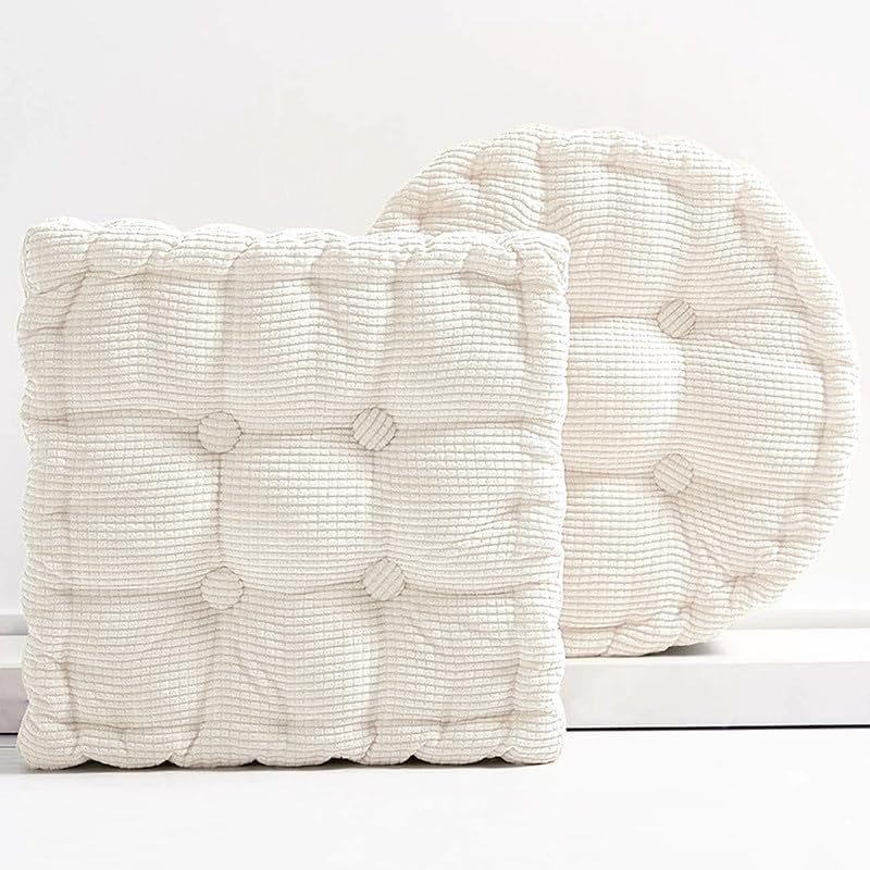 Meditation Floor Pillow Set of 2 Large Square and Round Floor Cushions for Adults White Corduroy Floor Seat Pillows Cushion for Living Room Balcony Tatami Yoga,18×18 Inch