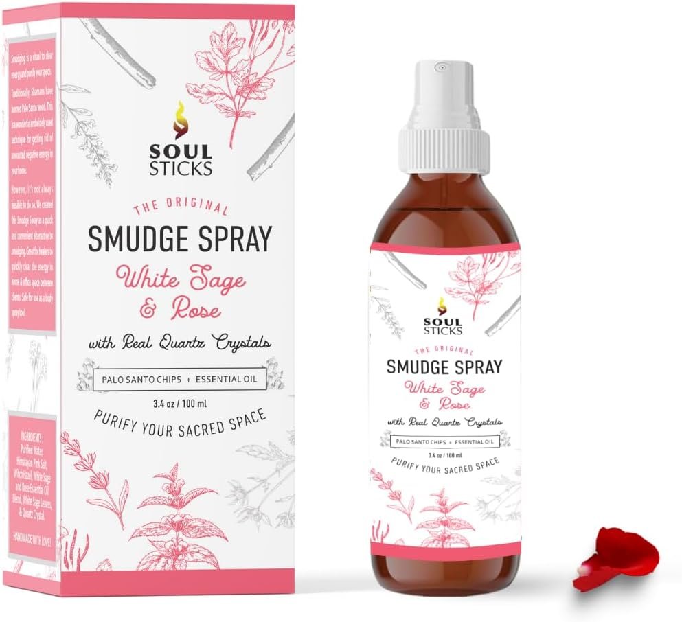 SOUL STICKS White Sage & Rose Smudge Spray For Cleansing and Negative Energy | 3.5oz Sage Smudge Spray with Real Quartz Crystals | Car Air Freshner Fragrance Sage Room Spray for Spiritual Cleansing