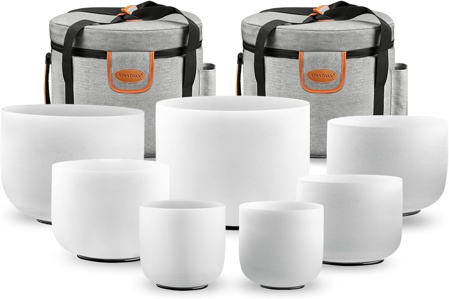 Ryan Dvan 7-12 Inch Crystal Singing Bowl Set Frosted Quartz Sound Therapy Bowls with Mallets, O-Rings & 2 Carrying Cases