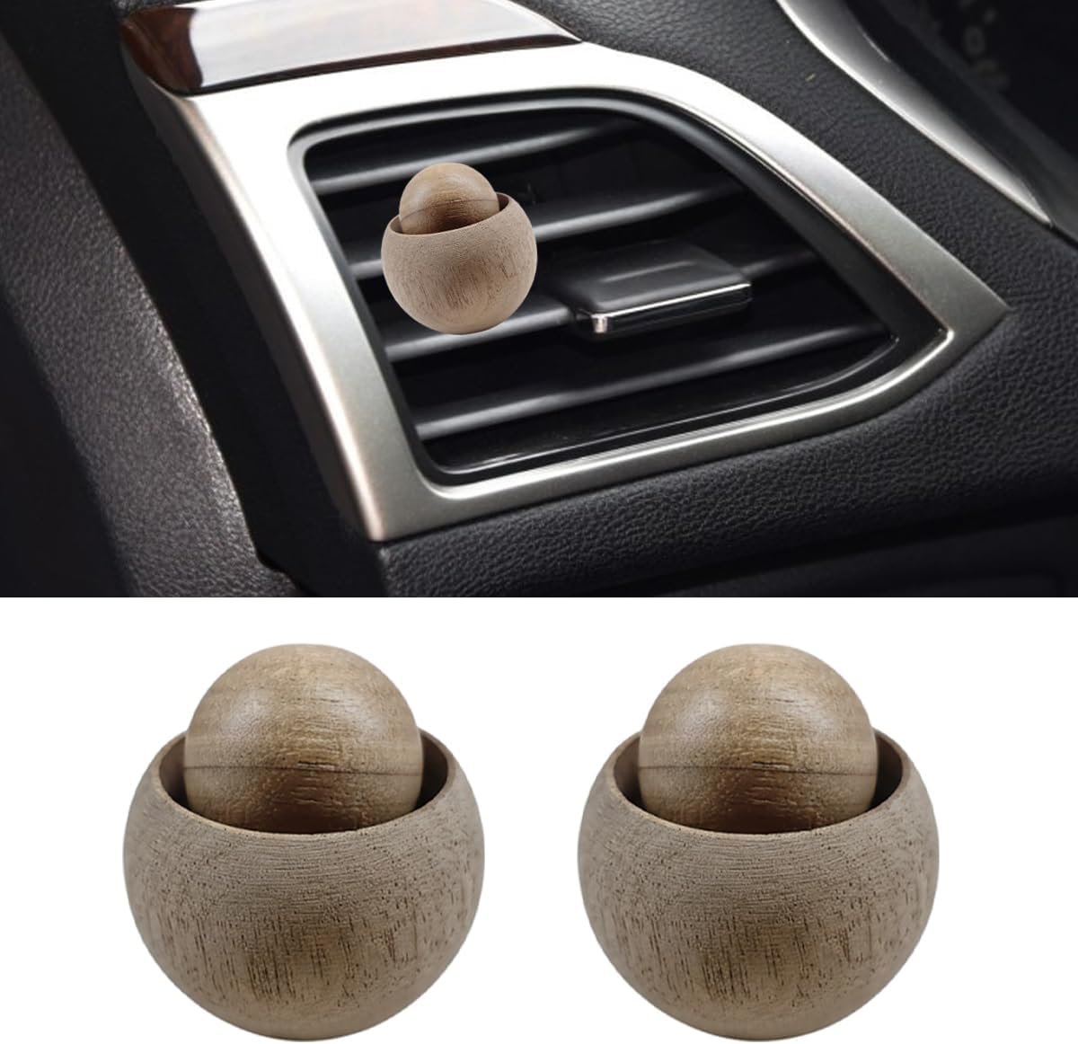 Wood Ball Car Essential Oil Diffuser, Car Dashboard Air Vent Trim Clips, Vintage Design Automotive Interior Decoration for Office, Home (2PCS)