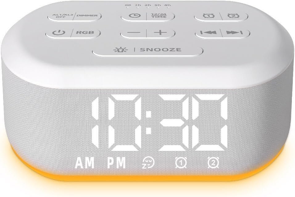 Small Digital Alarm Clock for Bedroom White Noise Sound Machine with 30 Soothing Sound Plug in Desk Bedside Clock with NightLight Battery Backup 15 Wake up Sound Clock for Teen Kid Heavy Sleeper