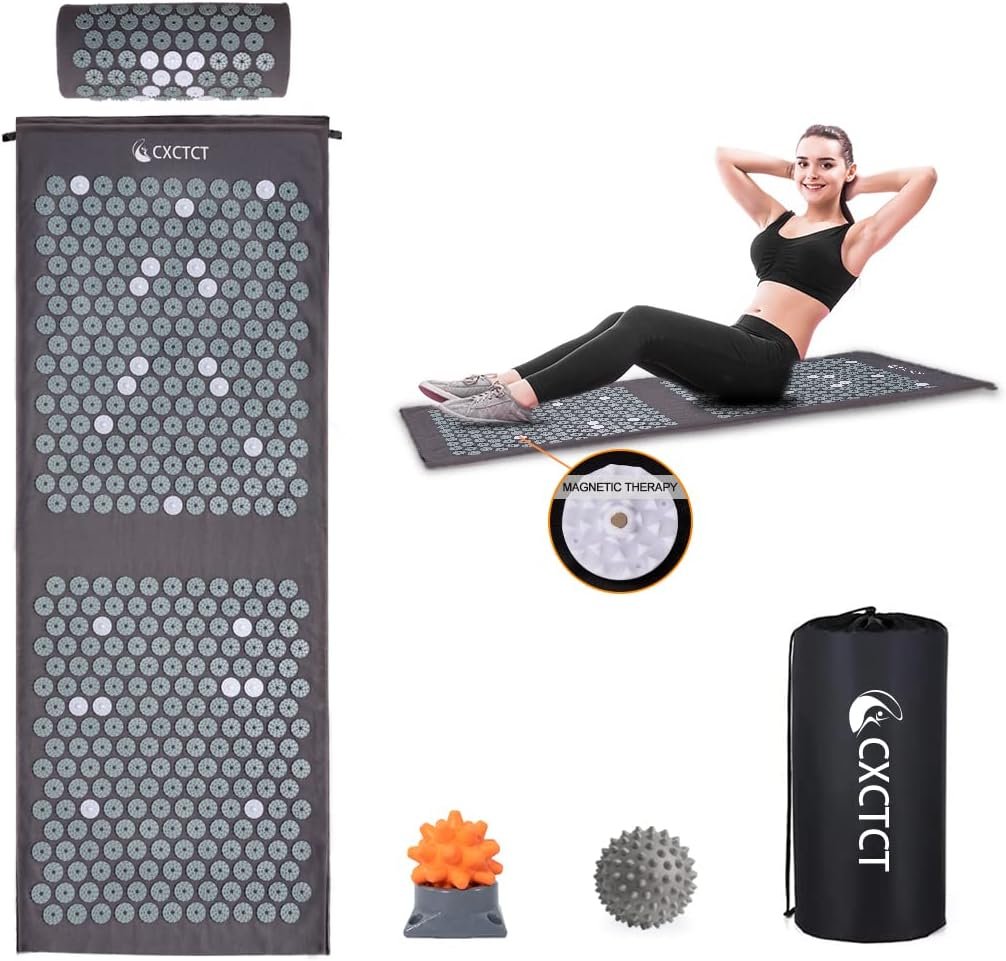 Extra Long Yoga Acupressure Mat Set,Massage Acupuncture Mat Large,Magnetic Mat Acupressure Body mat and Pillow for Neck Back Pain Relief(Grey)