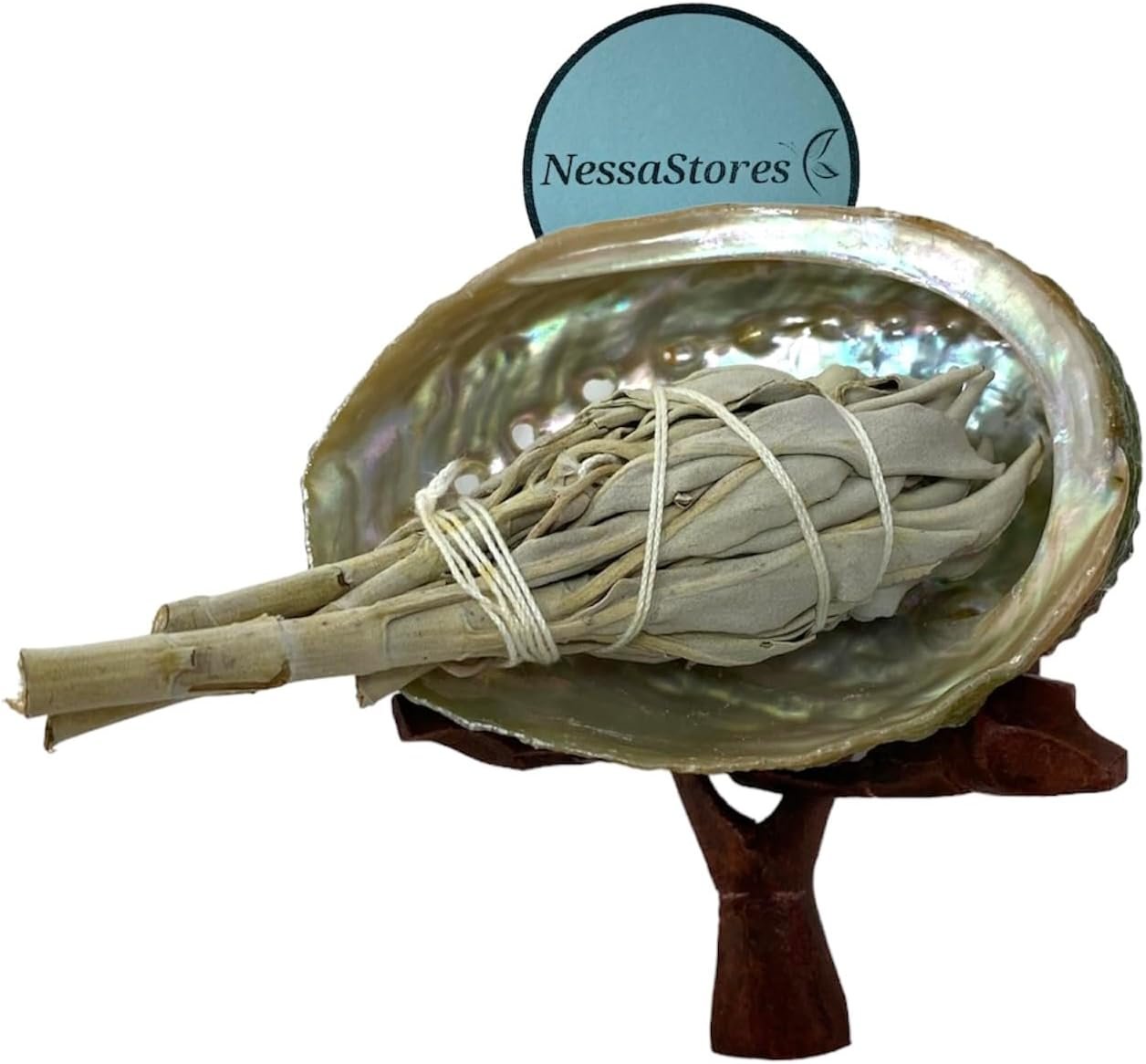 NESSASTORES 3 pc Sage Smudge Kit with 3″-4″ White Sage, 2.5″-3.5″ Abalone Shell, & 4″ Tripod Stand | All Natural for Home Cleansing, Stress Relief, Meditation, and Removing Negative Energy. JC-210-E