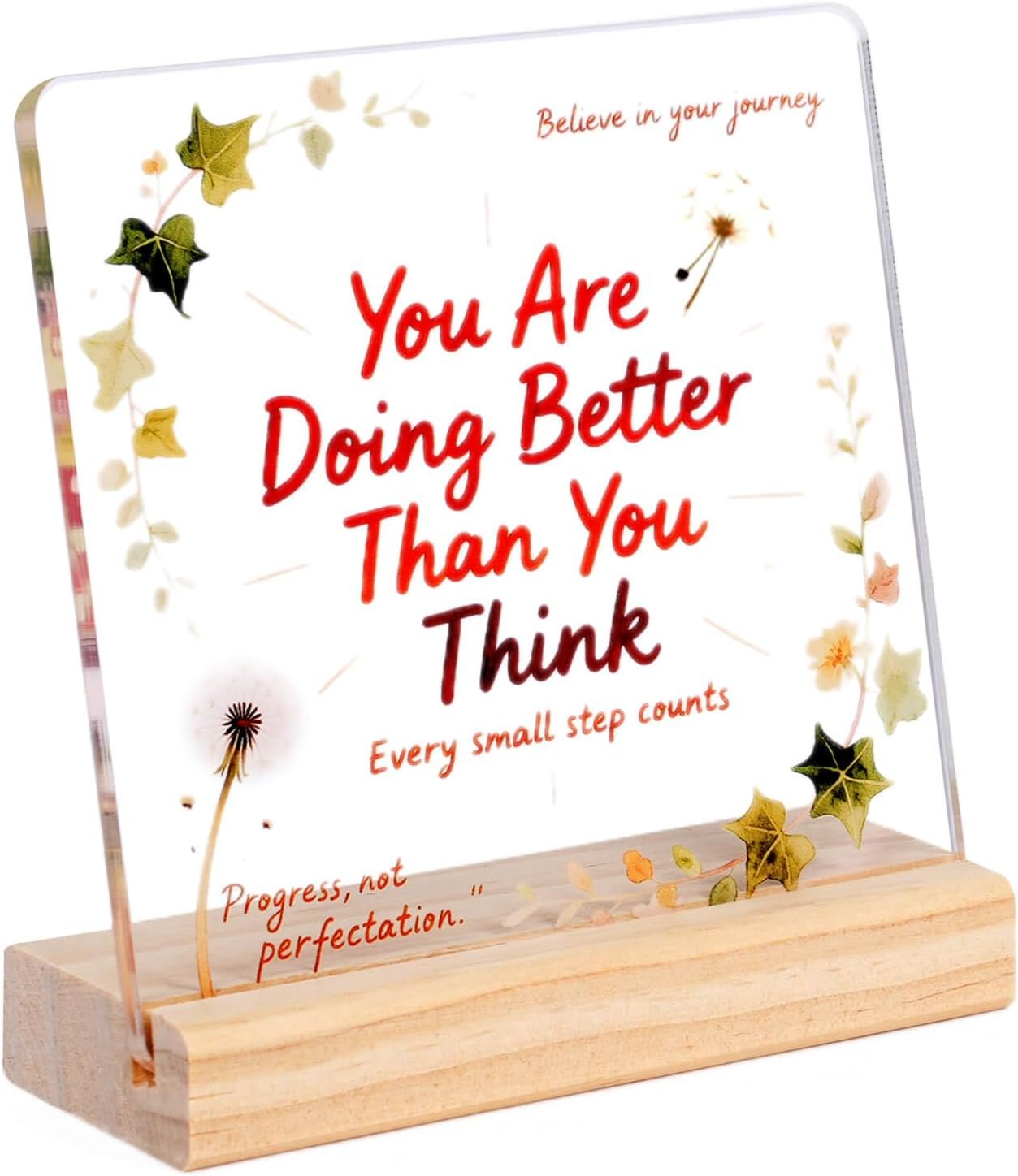 Inspirational Motivational Gifts Employee Appreciation Gifts – “You Are Doing Better Than You Think” – Acrylic Desk Plaque with Wooden Base, Encouragement Sign for Women, Men, Coworkers, Office, Home Desk Decor,