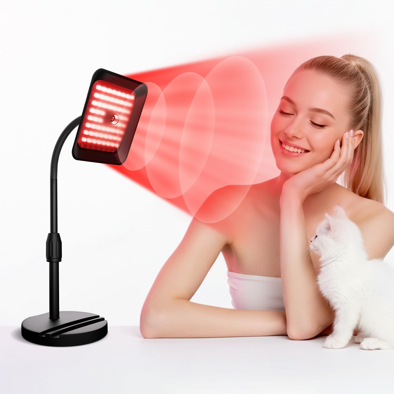 Red Light Therapy for Face and Body, 3 LED Wavelength 660nm 730nm 850nm Infrared Light Therapy Desk Lamp with 360°Adjustable Head & Phone Stand, Home Office Travel Portable Use w/Glasses