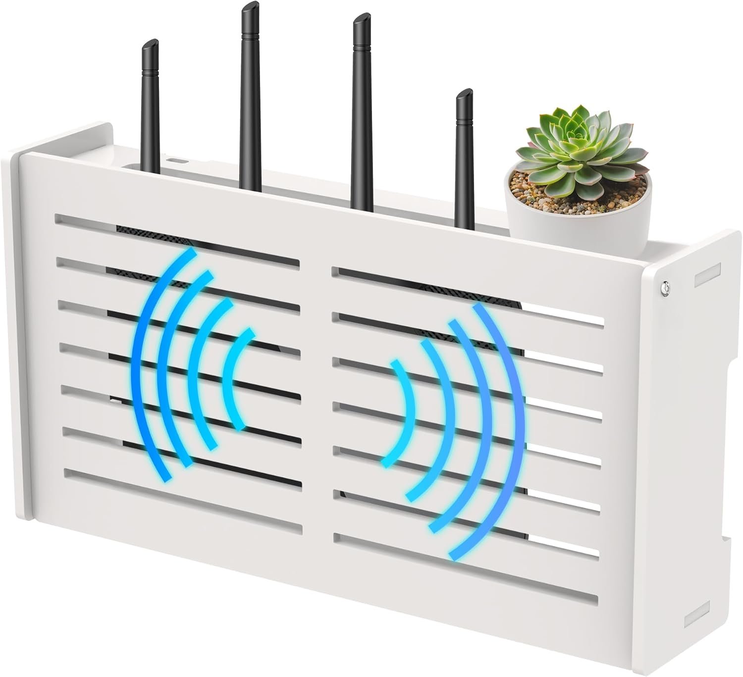 Router Shelf Wall Mount WiFi Router Box Hider Modem Cover with Cable Management Power Strip Organizer Storage Box Multiple Cable Holes (White)