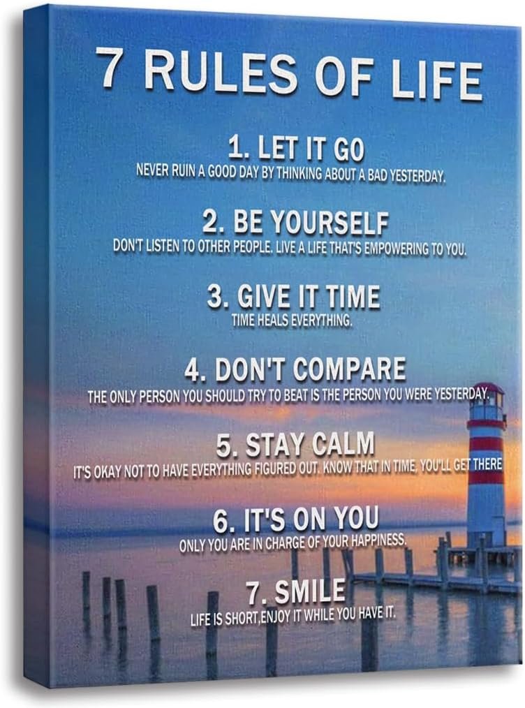 7 Rules of Life Inspirational Wall Art, Motivational Posters for Classroom, Office, Bedroom – Positive Affirmations Canvas Prints, Modern Inspirational Quotes Wall Decor for Home, School, Gym Gifts for Family Member and friends 12×15 inches