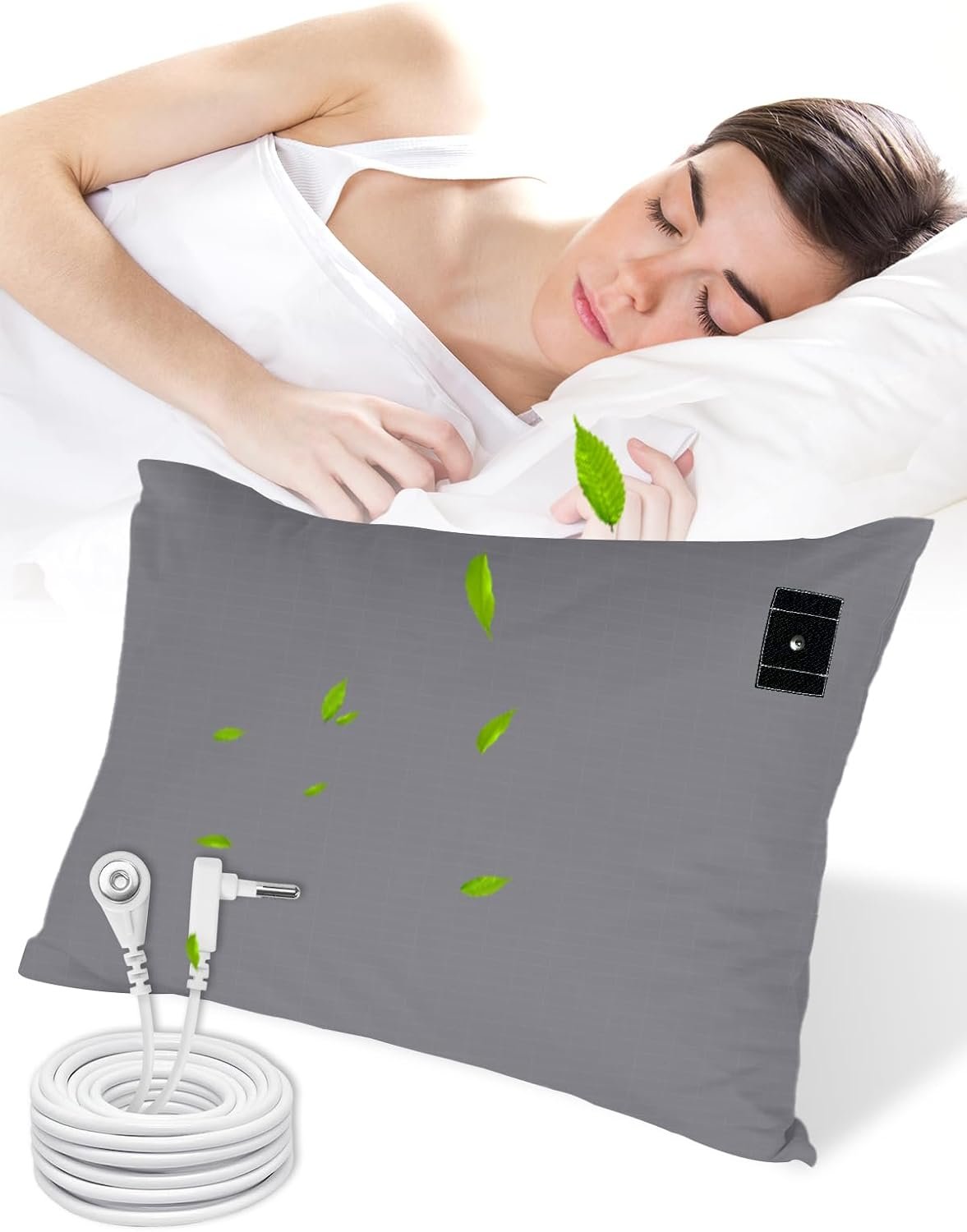 Grounding Pillowcase, 90% Organic Cotton and 10% Silver Fiber Grounding Pillow Case with 15ft Grounding Cord, Gray Sleep Pillow 20×36 inch for Improve Sleep Improving Energy