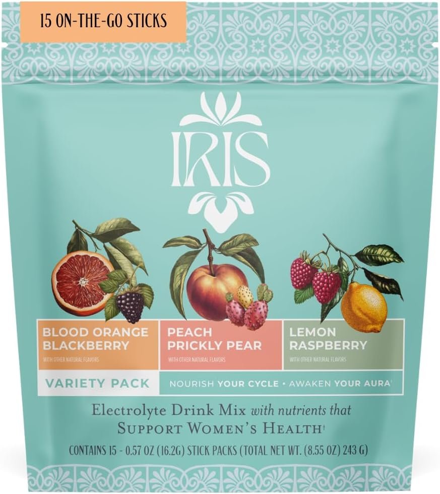 Iris Women’s Hormonal Health Daily Electrolyte Drink Mix | High Fiber, Essential B Vitamins for Mood Support | 40:1 Myo & D‑Chiro Inositol | Variety Pack, 15 Hydration Powder Packets