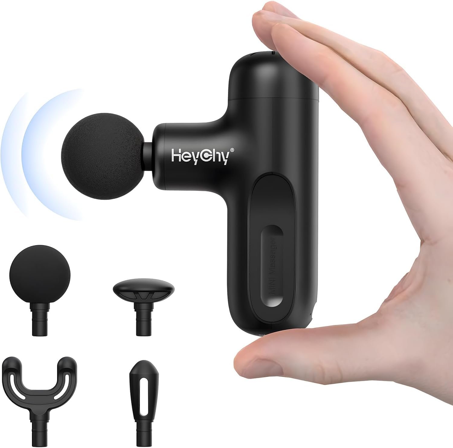 HEYCHY Super Mini Massage Gun Deep Tissue, Handheld Muscle Massager with 4 Heads, Percussion Travel Size Massager Gun FSA Eligible for Men Women Back Relief, Quiet for Home, Gym, Office, HSA, Black