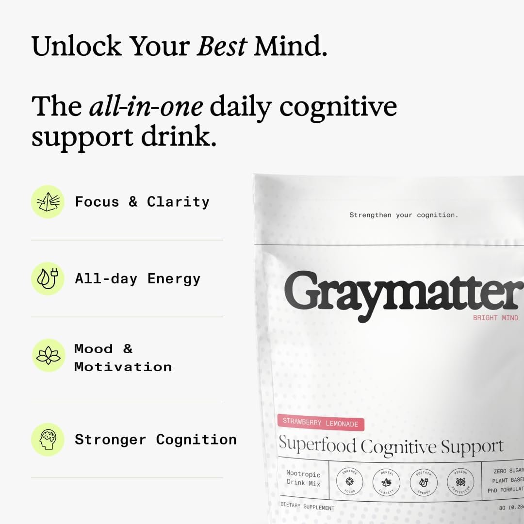 Graymatter Bright Mind Nootropic Powder (40 Servings: Strawberry Lemon) – Plant-Based Energy & Focus Drink Mix, Adaptogens & Vitamins, Sugar-Free Daily Supplement