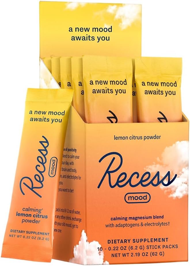 Recess Mood Powder, Magnesium L-Threonate Blend with Passion Flower, L-Theanine, Electrolytes, Magnesium Calm Support Powder Supplement – Lemon Citrus Pack of 10