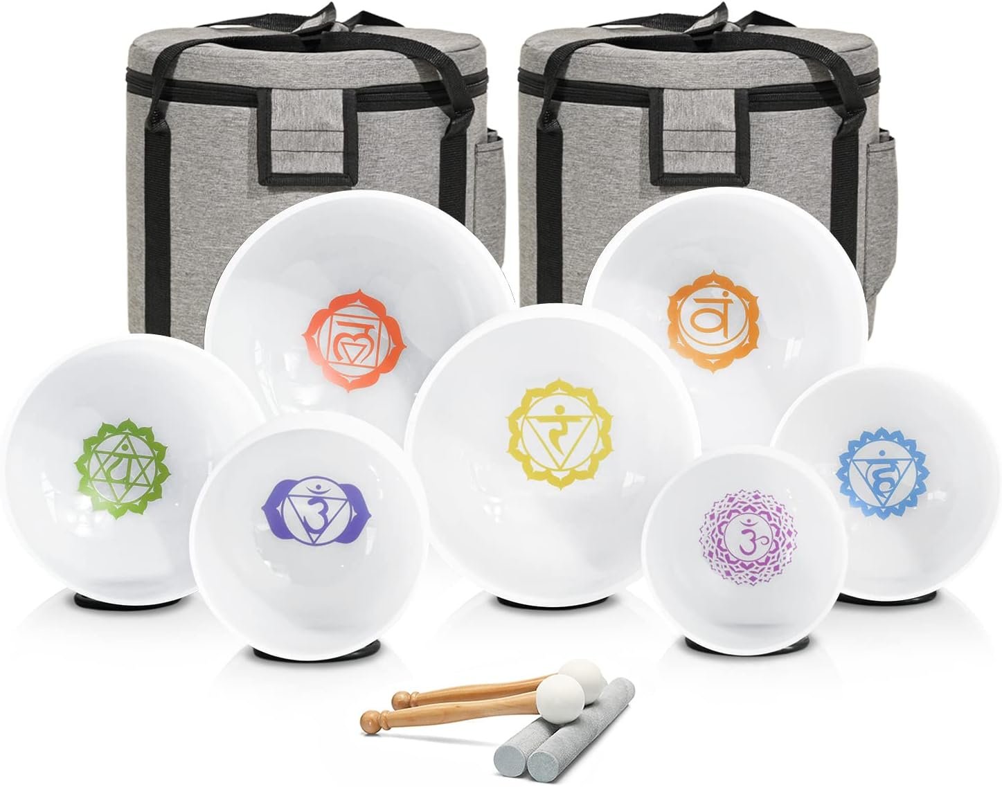 CVNC 432HZ 7-12 Inch Chakra Symbol Design Crystal Singing Bowl | Frosted Quartz White Chakra Symbol Singing Bowls with 2 PCS Travel Carry Case Bag for Sound Healing