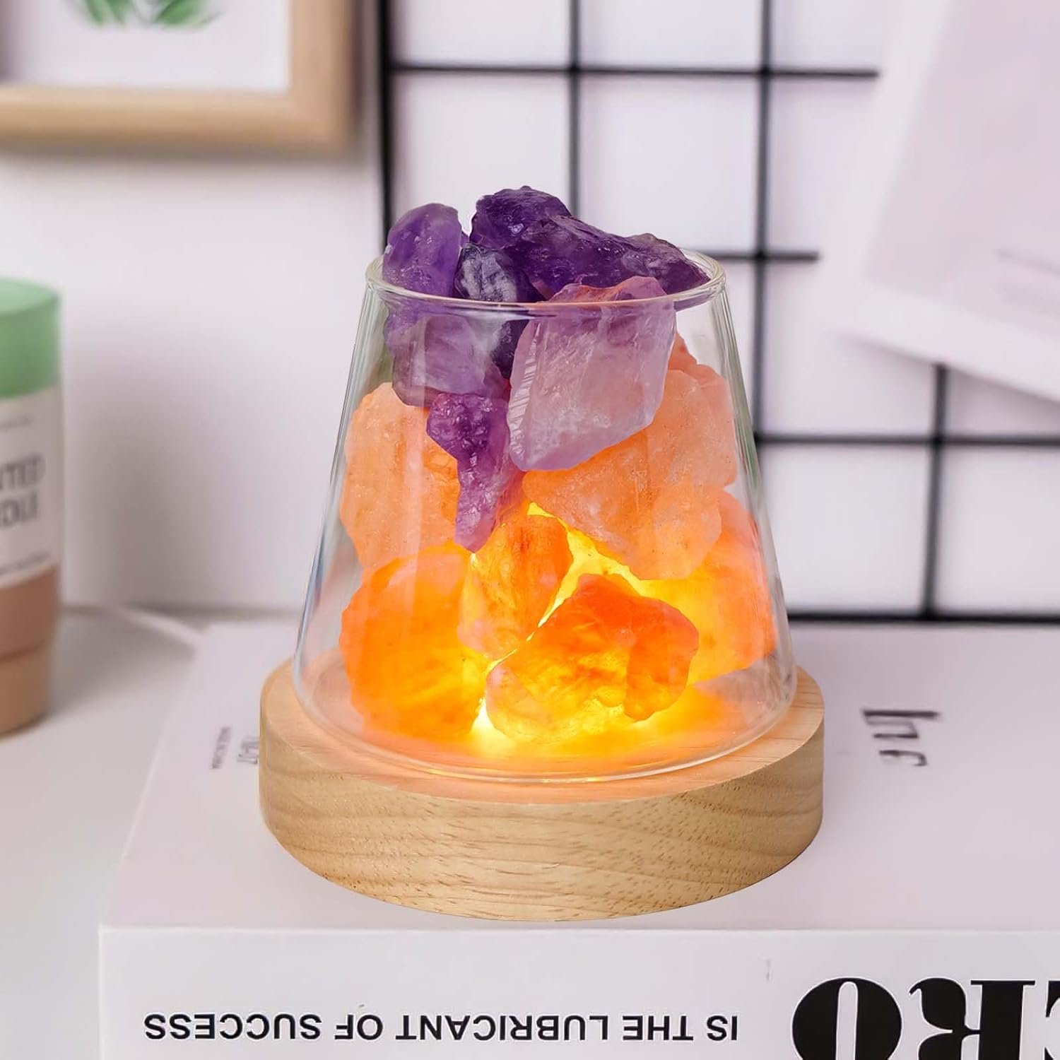 Runyangshi Healing Crystal Night Light Natural Himalayan Salt & Amethyst Raw Stones Aroma Diffuser USB Powered 3 Colour Adjustable Bedside Lamp for Bedroom Living Room Yoga Meditation Home Decor Gift