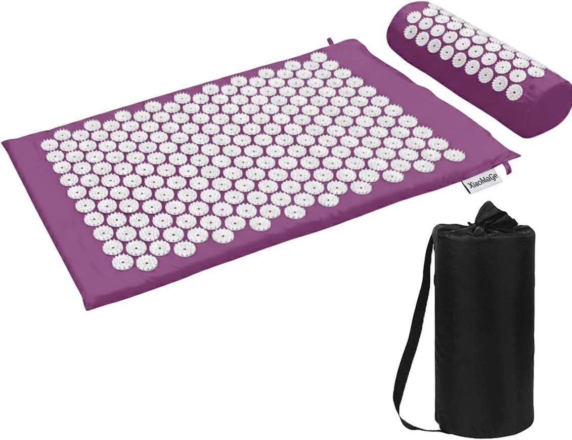 XiaoMaGe Acupressure Mat and Pillow Set with Bag – Large Size 28.7 X 16.5 inch Acupuncture Mat for Neck & Back Pain, Muscle Relaxation Stress Relief, Sciatica Pain Relief Pillow (Purple)