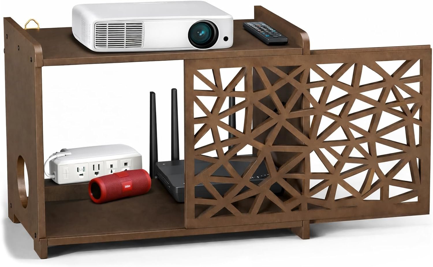 Upgrade Pine Wooden Router Box Hider, Large Capacity Projector Shelf Wall Mountable Router Storage Box with Cable Management, Modem & Power Strip Organizer, Assembly Required