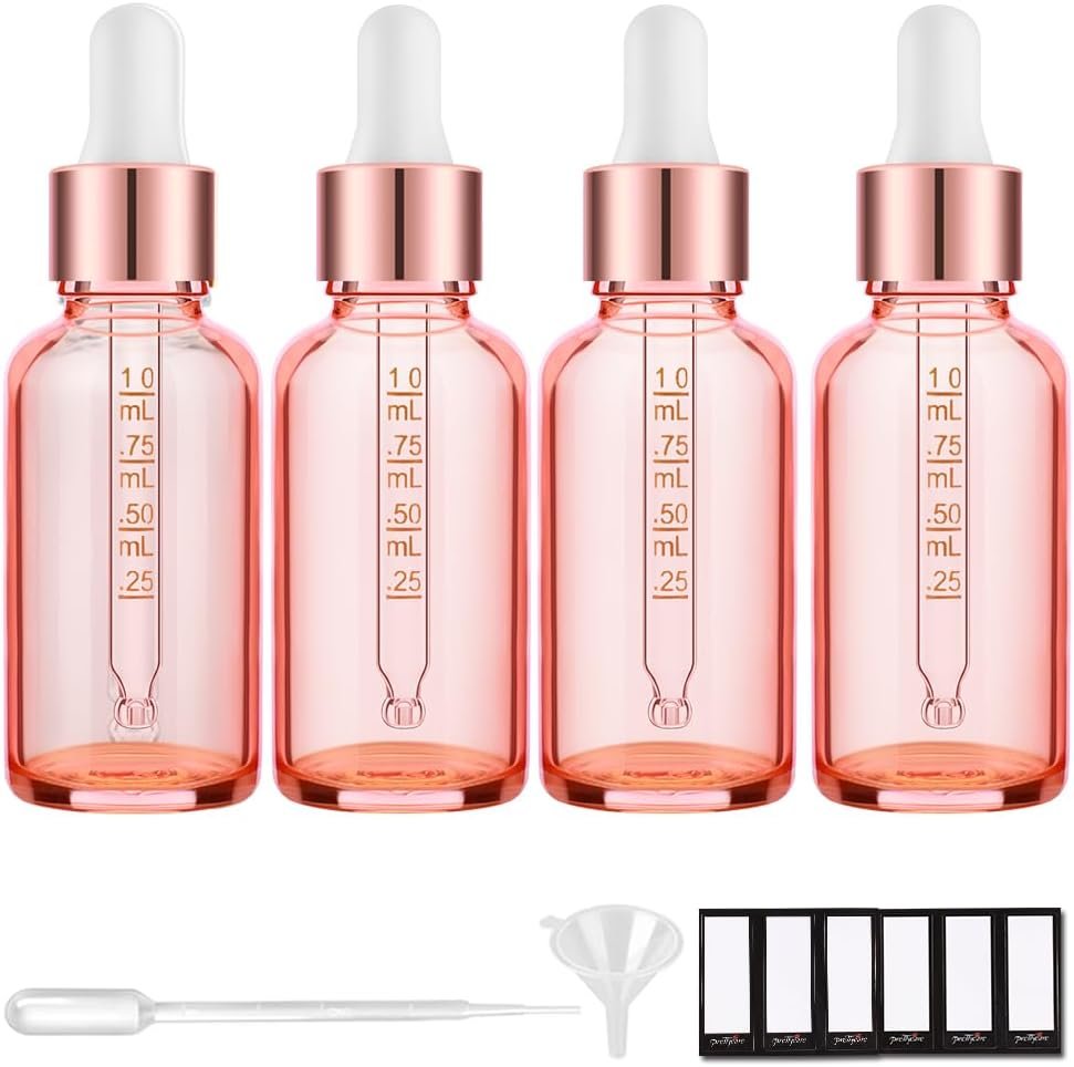 PrettyCare 4 Pack 1oz Dropper Bottles for Essential Oils with Labels, Funnel & Measured Pipettes, 30 ml Leak Proof Rose Glass Essential Oils Bottles- Empty Tincture Bottles for Personal Care & Beauty
