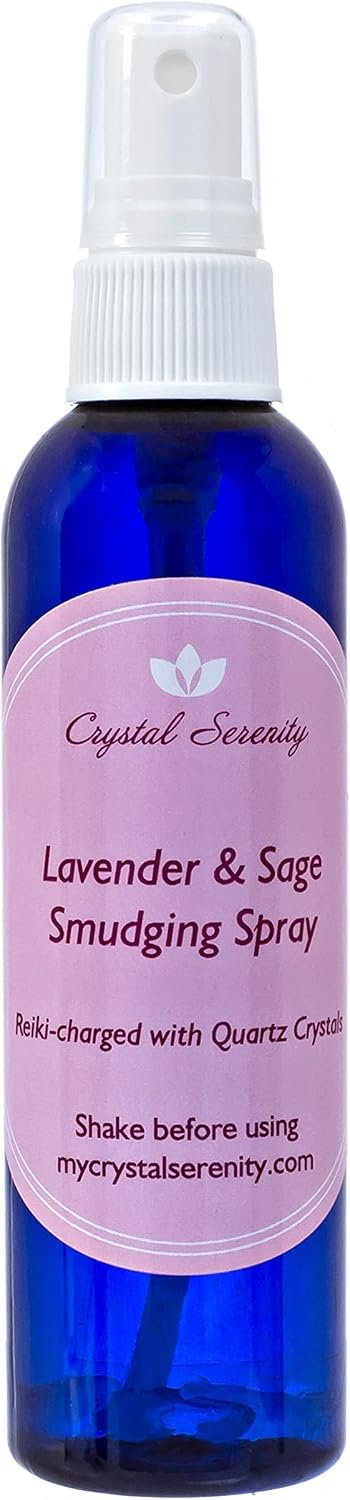 Lavender and Sage Smudging Spray with Quartz Crystals – Reiki-Charged 4 oz